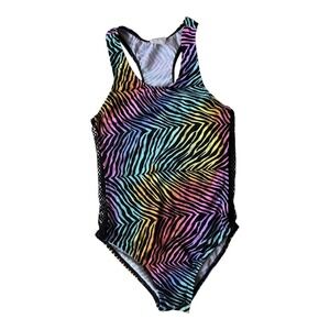 Vintage Y2K Rainbow Zebra Print Girls One‎ Piece Swimsuit Size 12 Mesh Trim